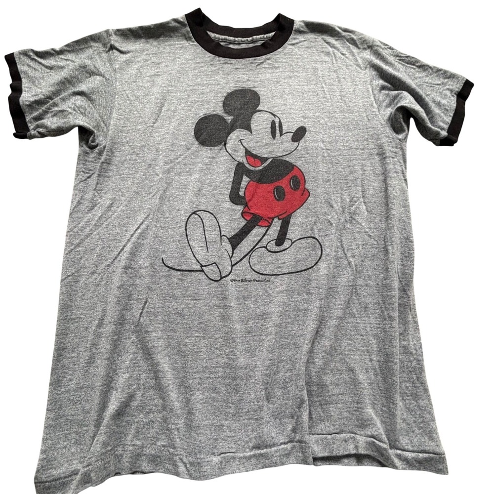 Disney Mickey Mouse Ringer Tee L Gray Paper Thin Walt Disney Productions Retro